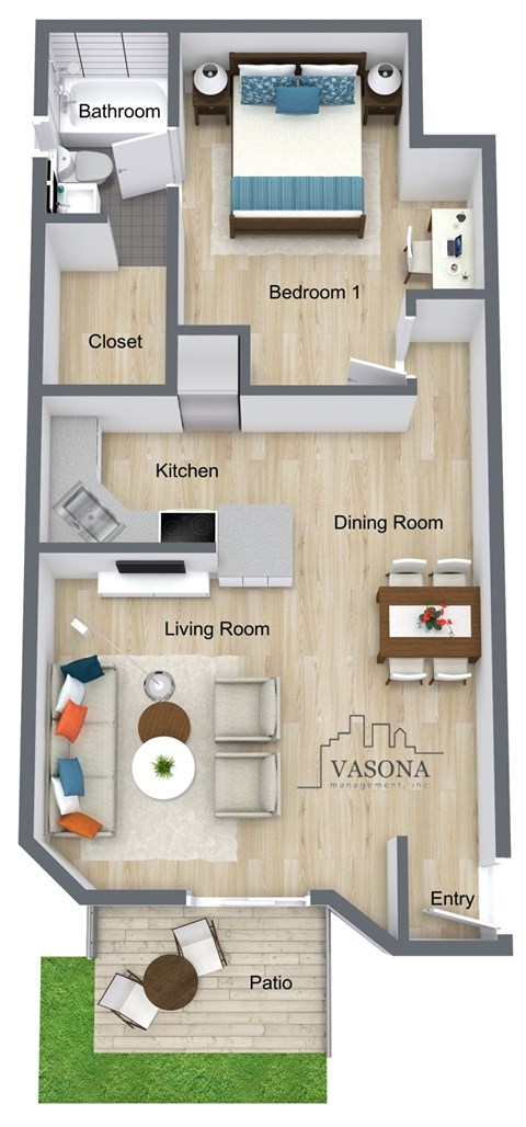 A floor plan of a house with a living room, kitchen, dining room, bedroom, bathroom, closet, and patio.